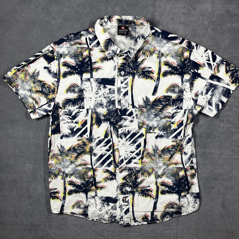 Southpole Hawaiian Shirt Men's Medium White Palm Tree Print Short Sleeve Beach